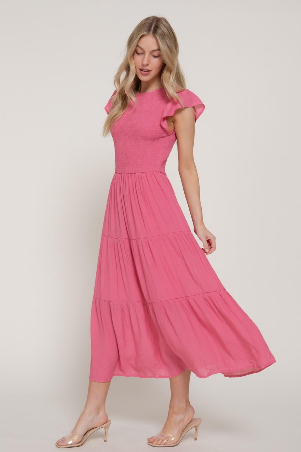 Ruffle Slv Smocked Solid Tired Dress