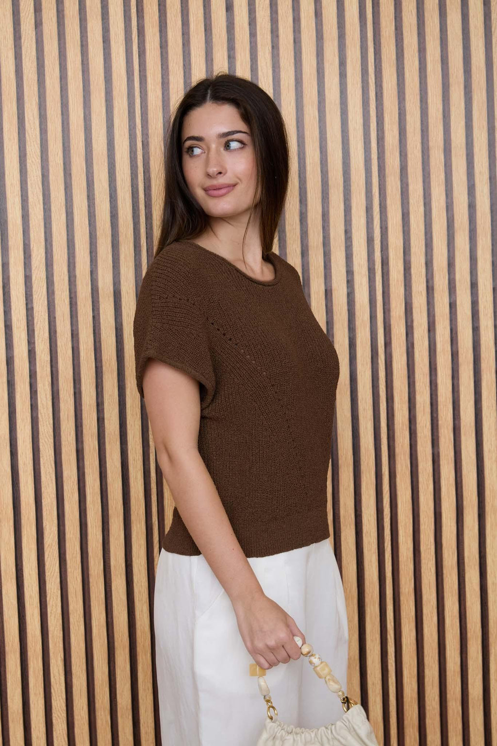 V Stitch Detail Short Sleeve Knit Pullover Sweater