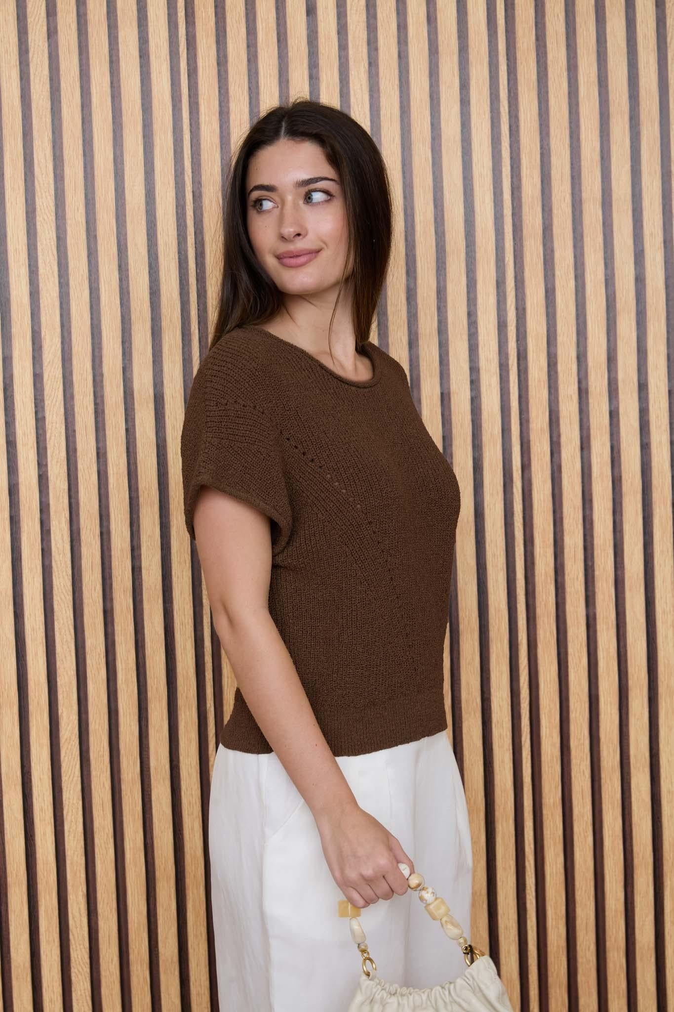 V Stitch Detail Short Sleeve Knit Pullover Sweater
