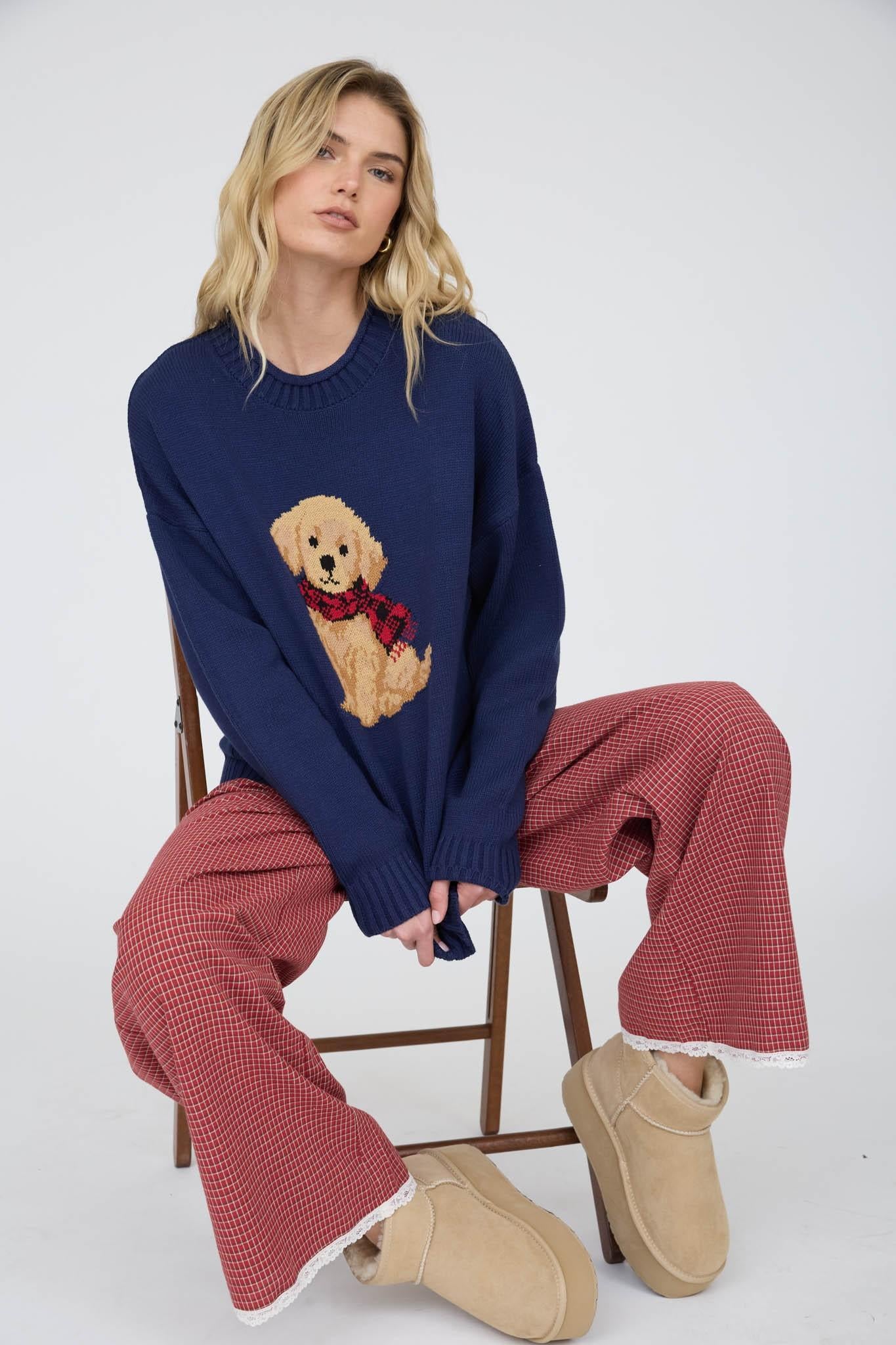 Intarsia Puppy Crew Neck Relaxed Sweater