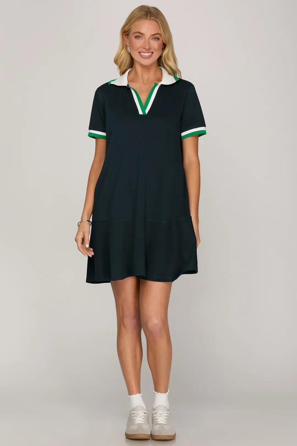 Short Sleeve Rib Collar Mini Dress with Pockets