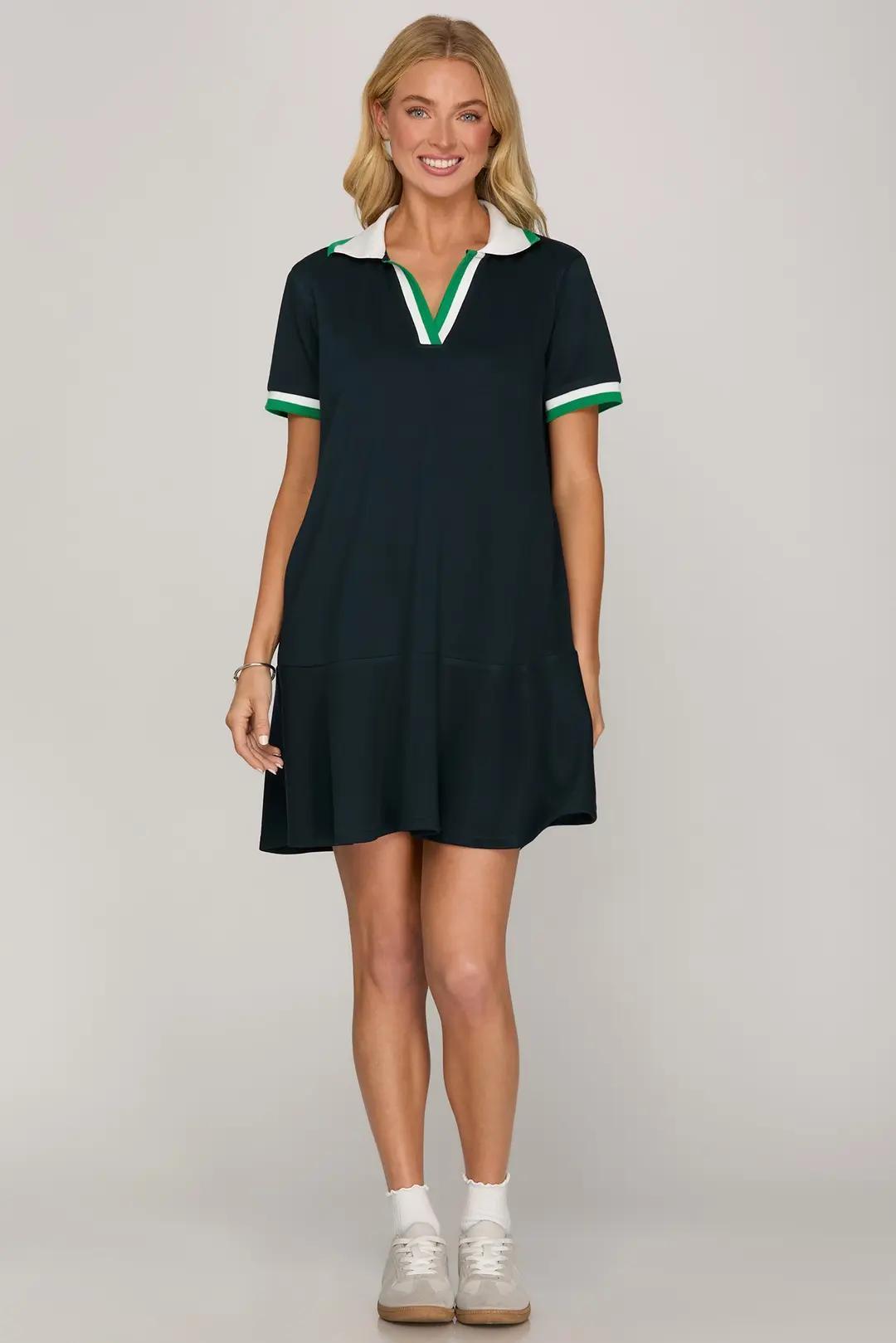 Short Sleeve Rib Collar Mini Dress with Pockets
