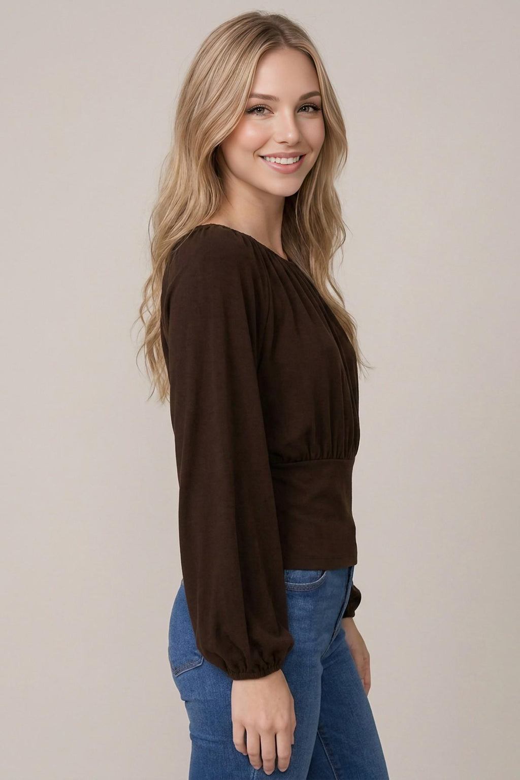 Soft Brushed Knit Flowy Ruched Bust Long Balloon Sleeve Top