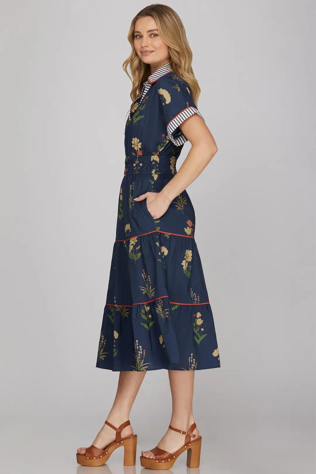 Drop Shoulder Contrast Cuff Sleeve Collared Woven Print Tiered Midi Dress With Pockets