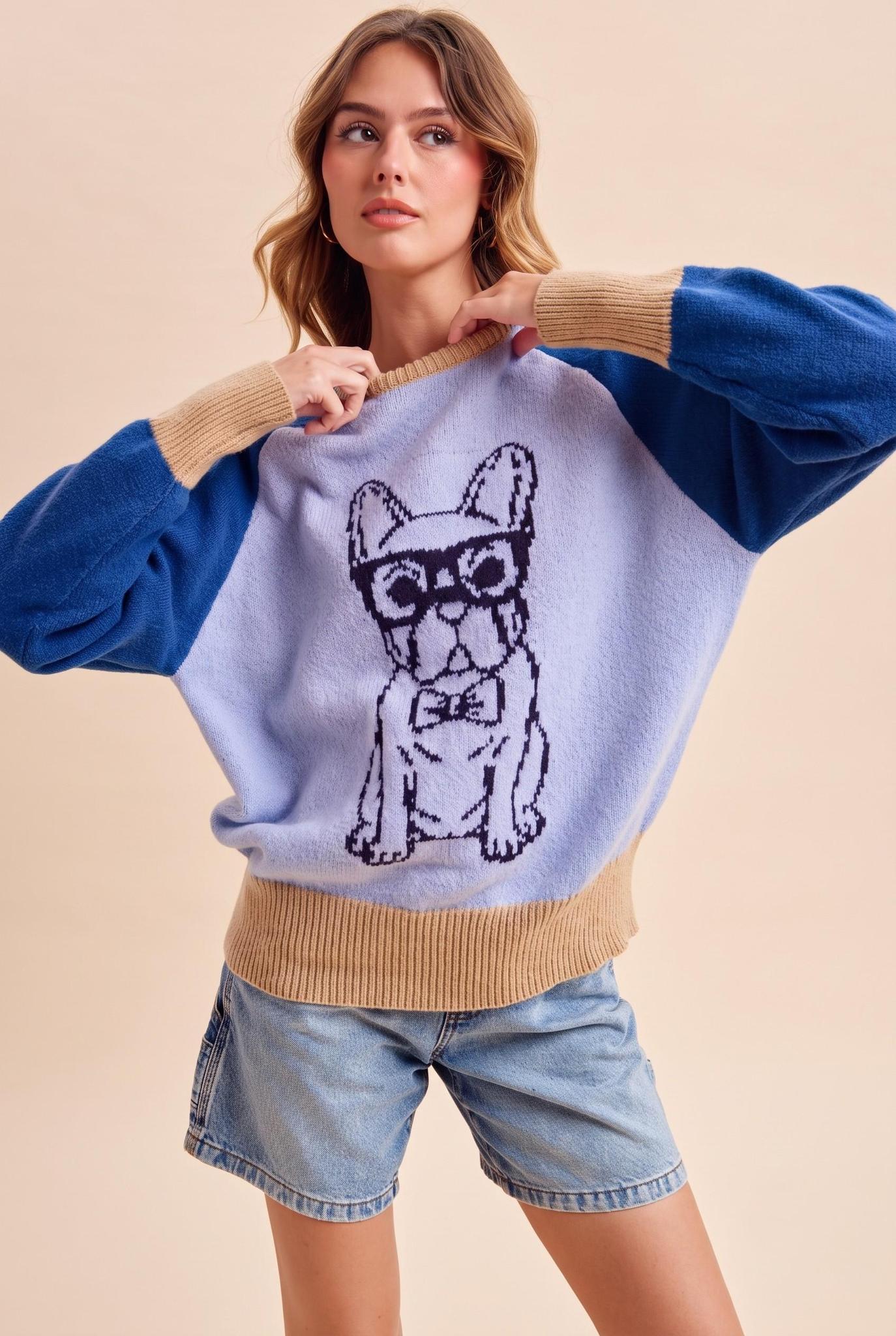 French Bulldog Intarsia Color Block Sweater