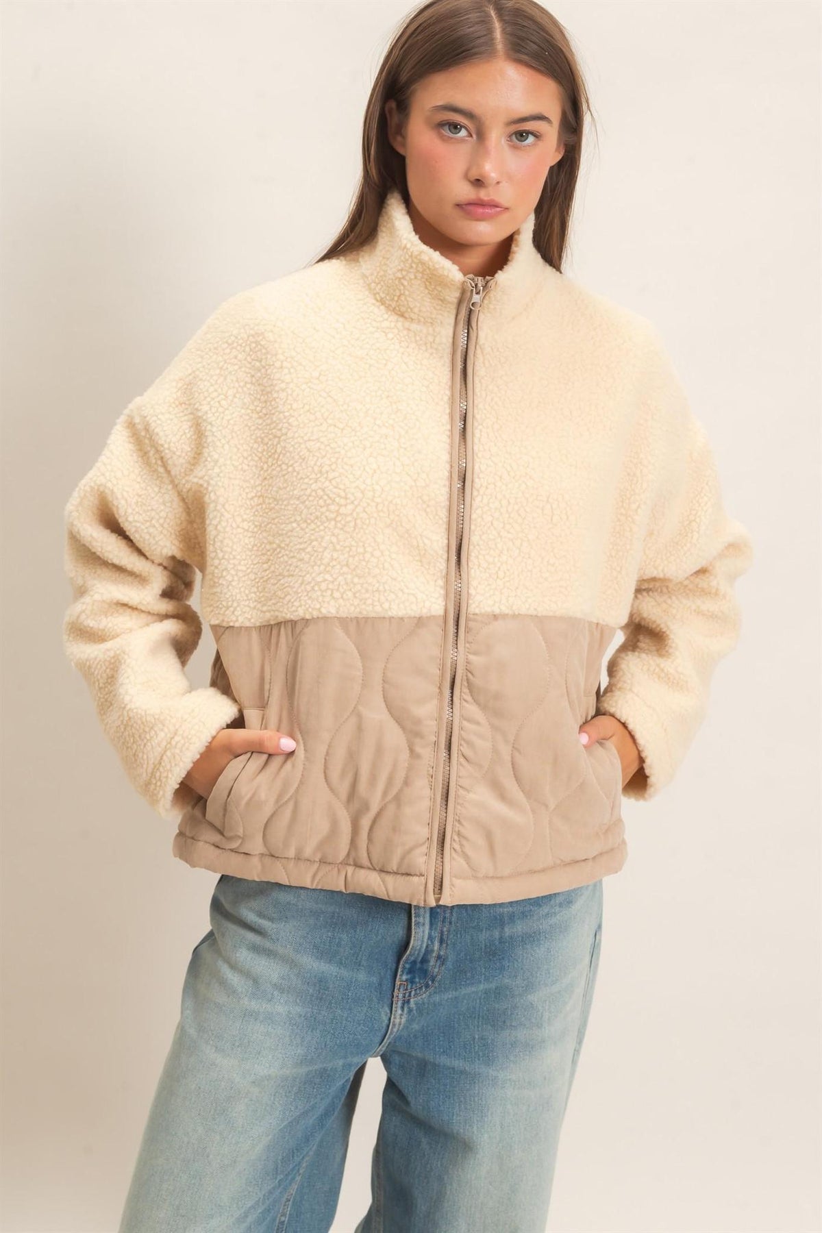 Quilted Sherpa Zip-Up Jacket
