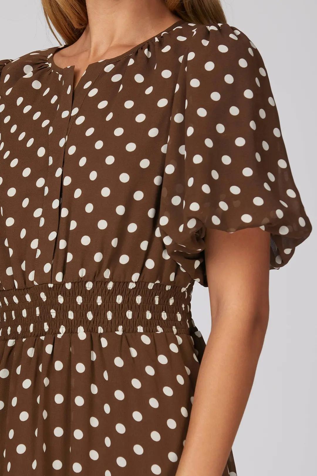 Short Puff Sleeve Woven Polka Dot Print Tiered Midi Dress with Smocked Waistband and Pockets