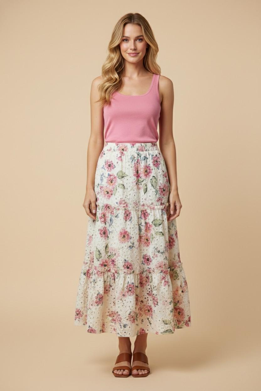 Womens Floral Printed Crochet Eyelet Skirt