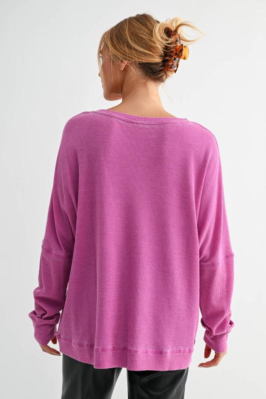 Waffle Ribbed Round Neck Pullover