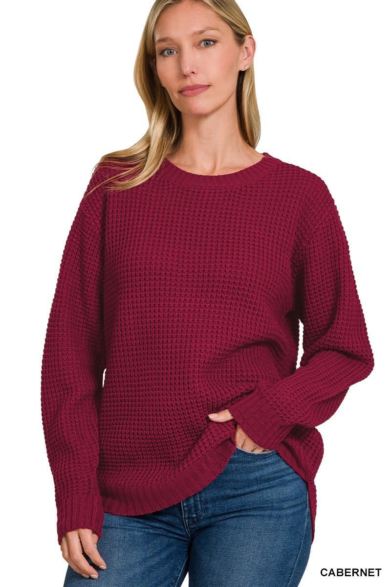 Hi-Low Long Sleeve Round Neck Waffle Sweater