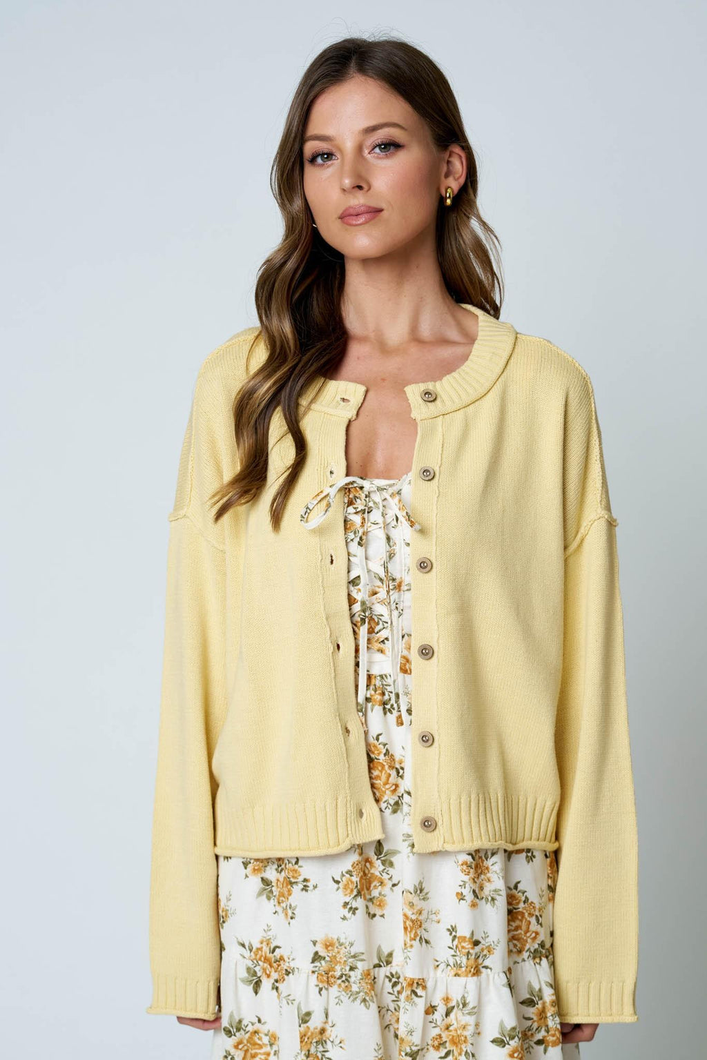 Raw Edge Exposed Seam Button Down Knit Cardigan