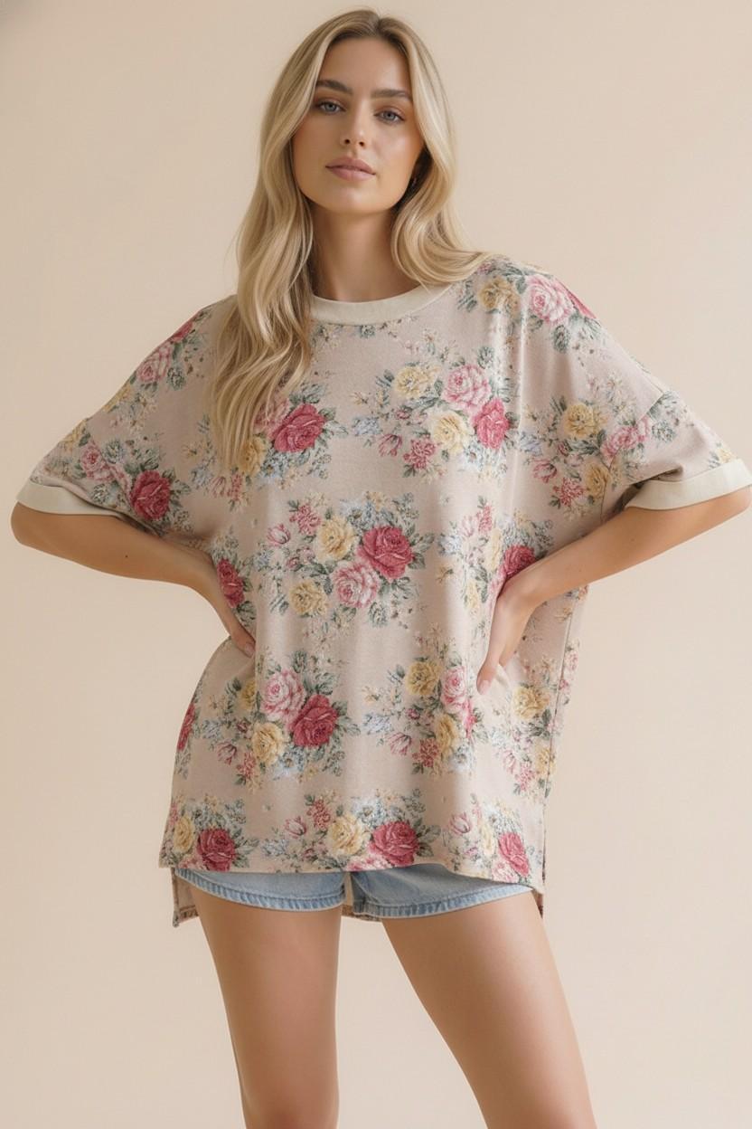 Short Sleeve Oversized Loose Fit Floral Knit Top