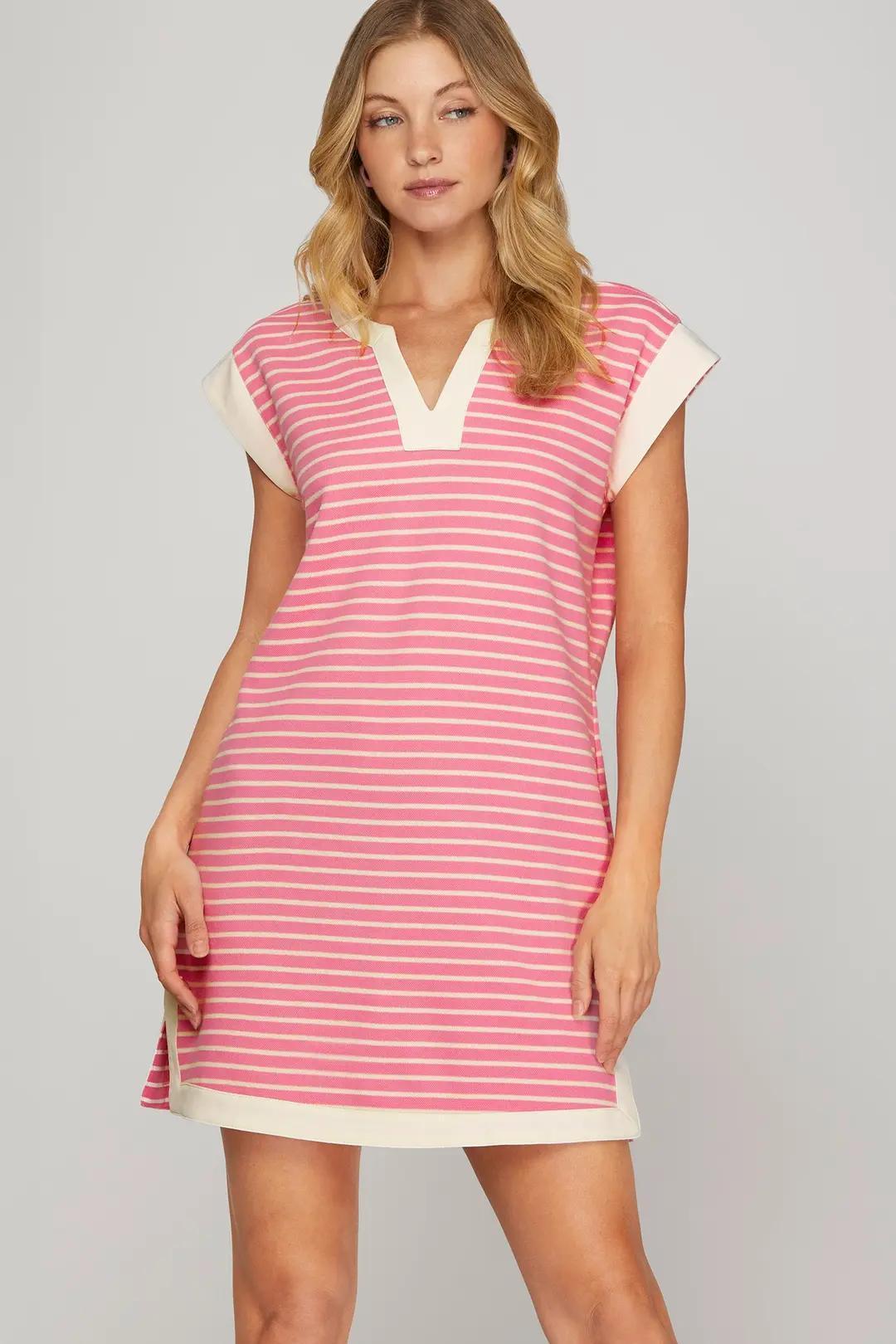 Drop Shoulder Contrast Band Striped Dress with Pockets