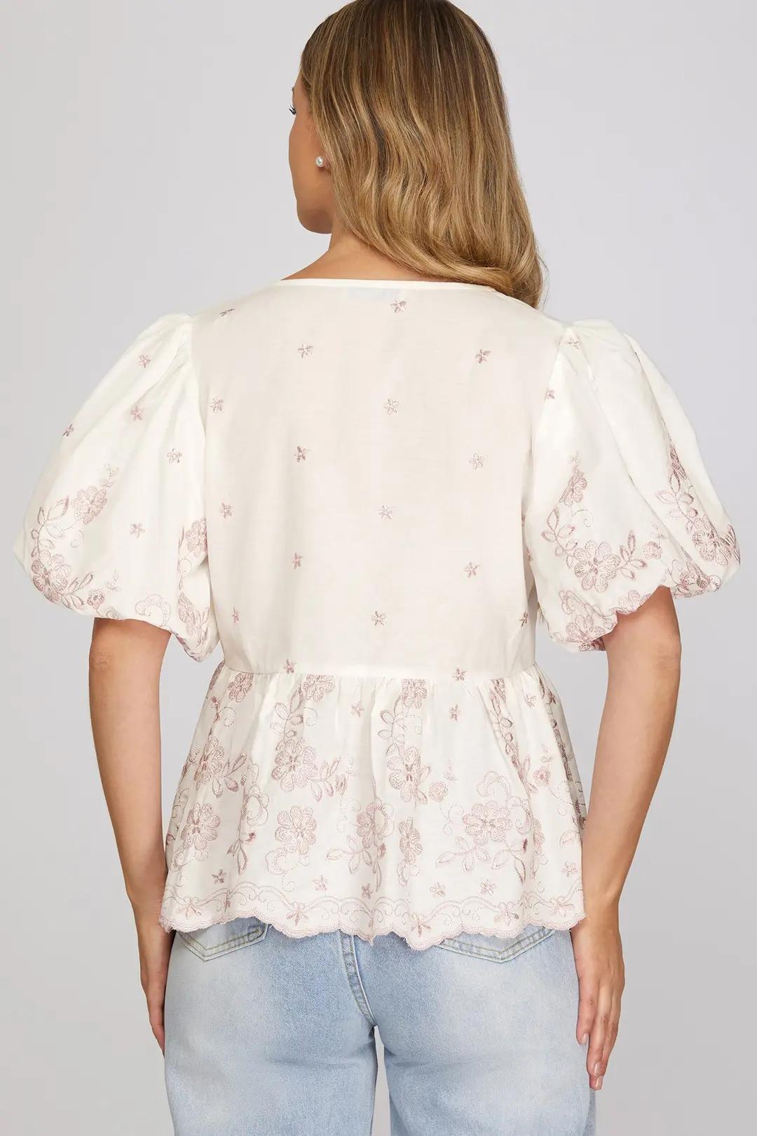 Puff Sleeve Woven Embroidery Scallop Hem Top