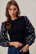 Scalloped Sweater Knit Top with Floral Sleeves