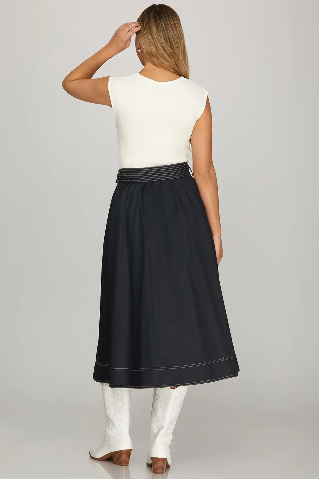 Drop Sleeve Knit & Woven Combo Midi Dress