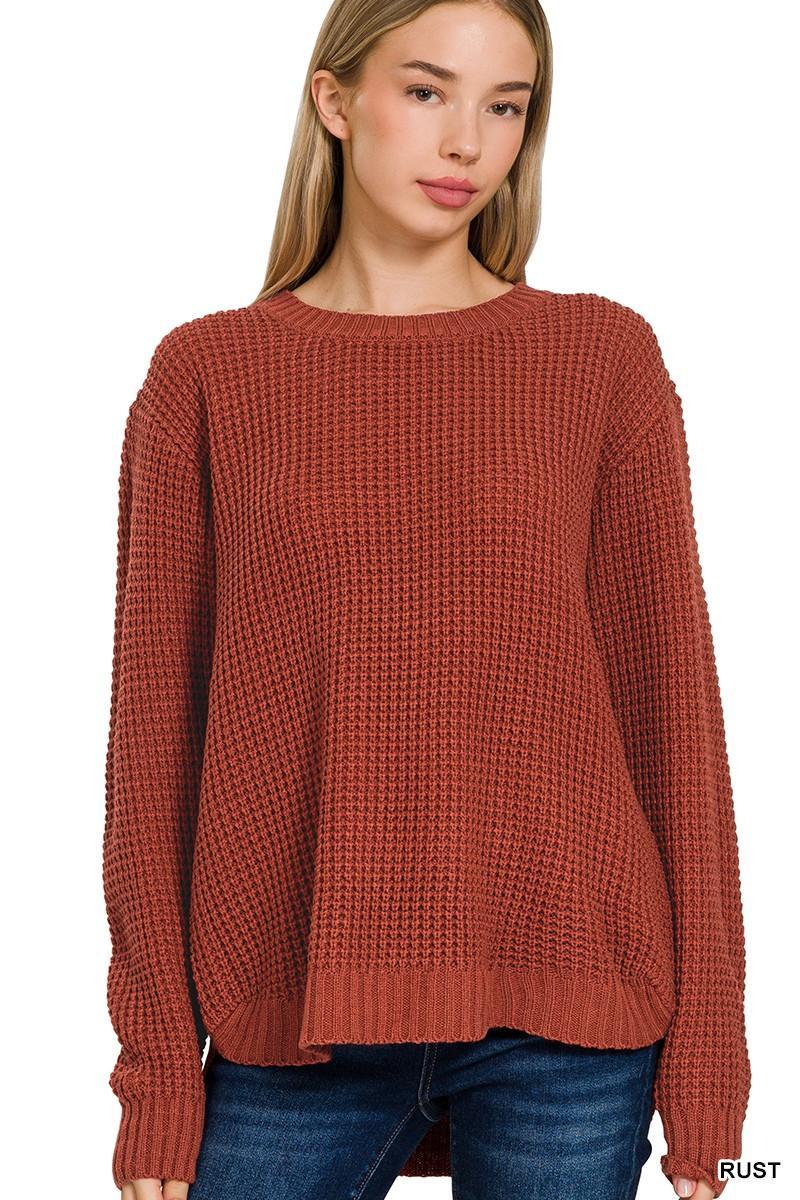 Hi-Low Long Sleeve Round Neck Waffle Sweater