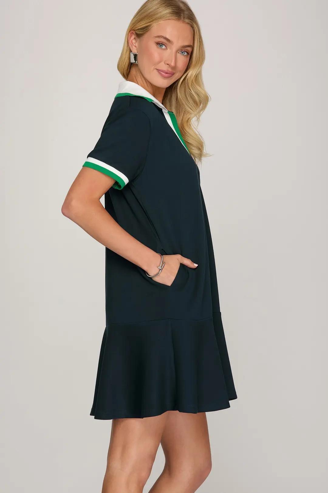 Short Sleeve Rib Collar Mini Dress with Pockets