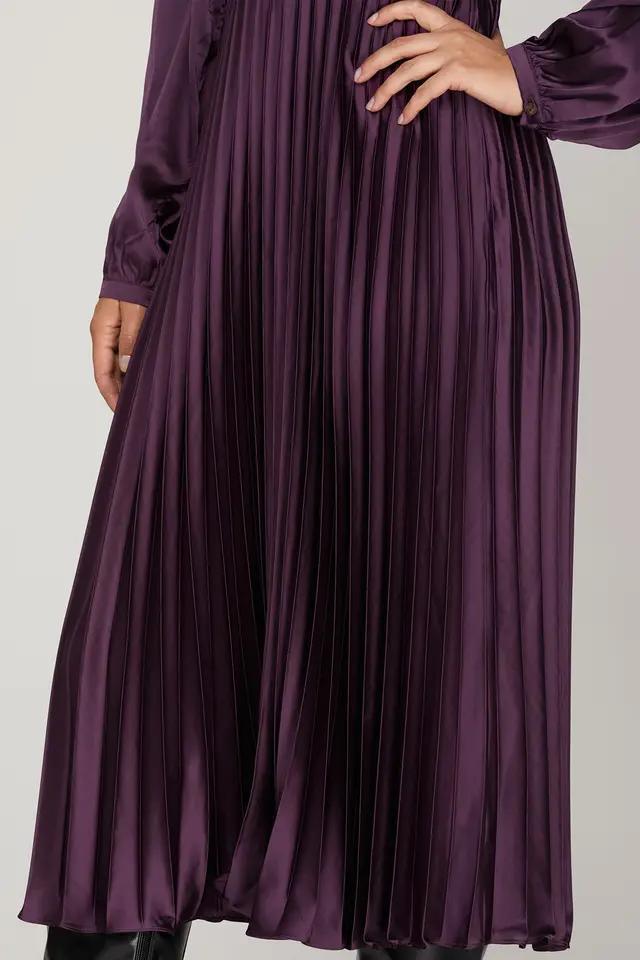 Surplice Long Sleeve Woven Satin Pleated Midi Dress