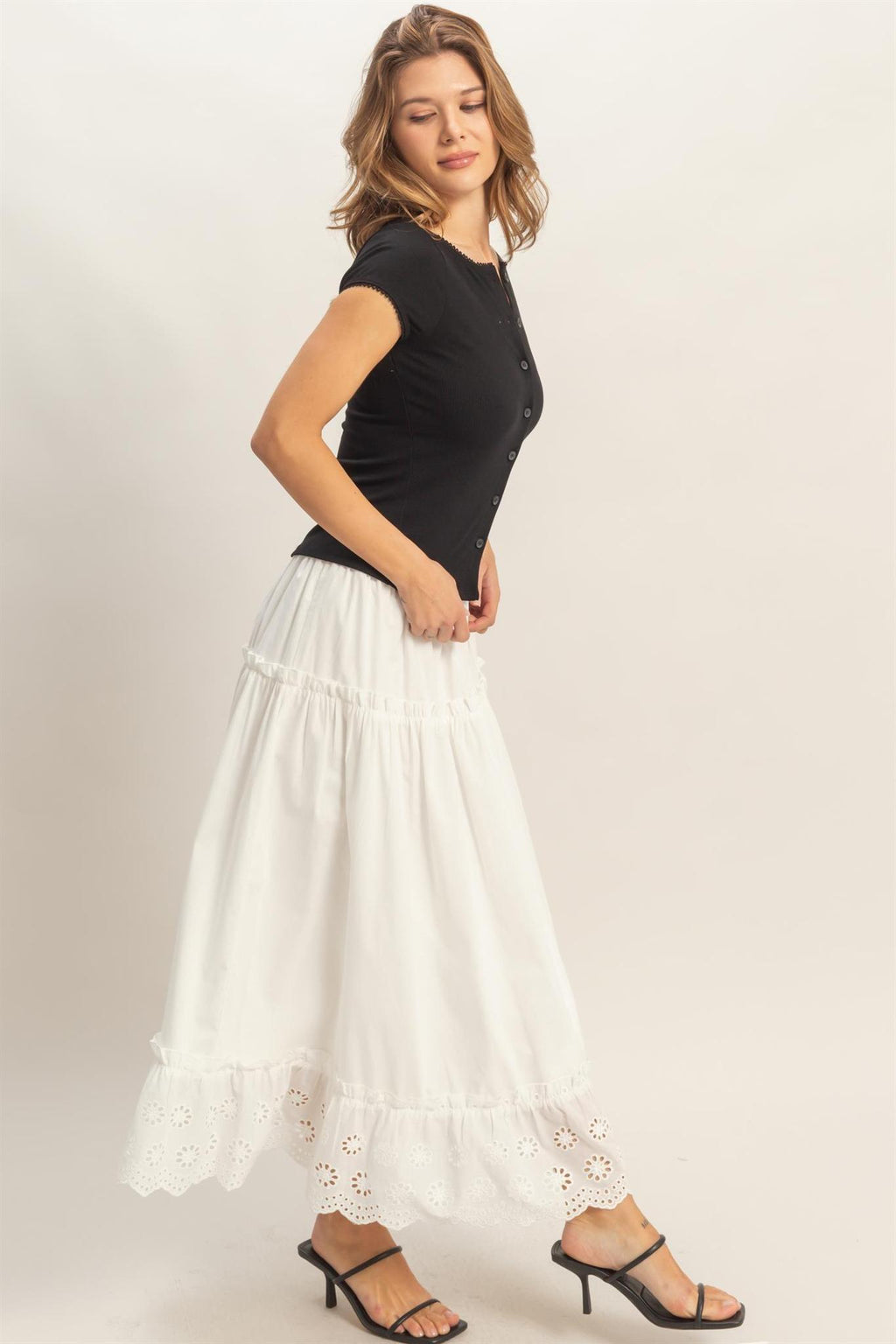 Tiered Eyelet Maxi Skirt