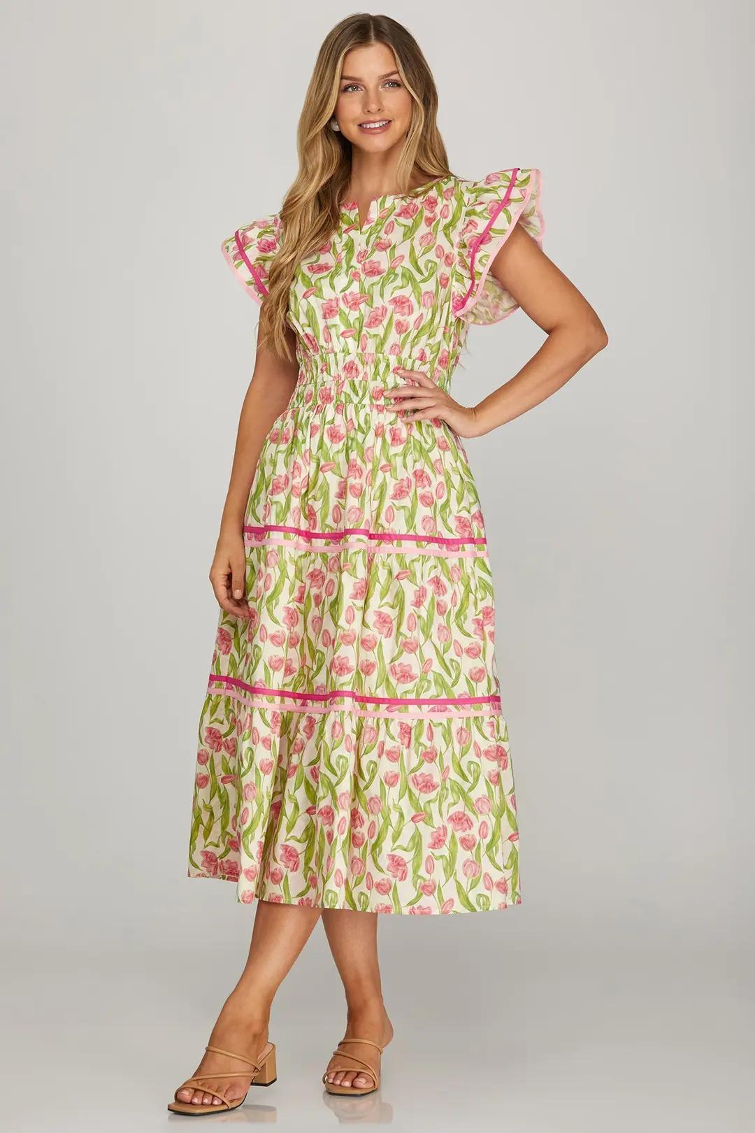 Ruffle Sleeve Floral Print Tiered Midi Dress