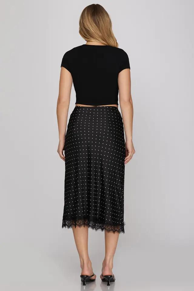 Lace Hem Woven Polka Dot Print Midi Skirt