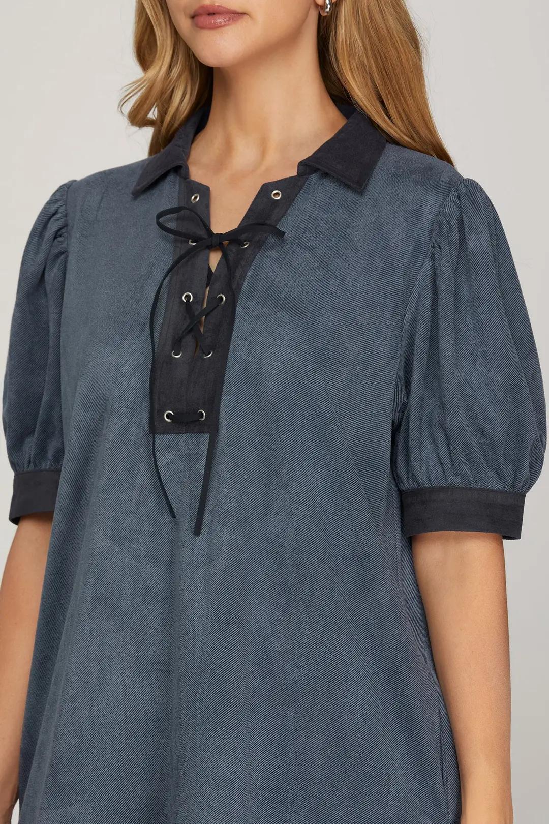 Puff Sleeve Contrast Neck Lace Up Brushed Twill Mini Dress