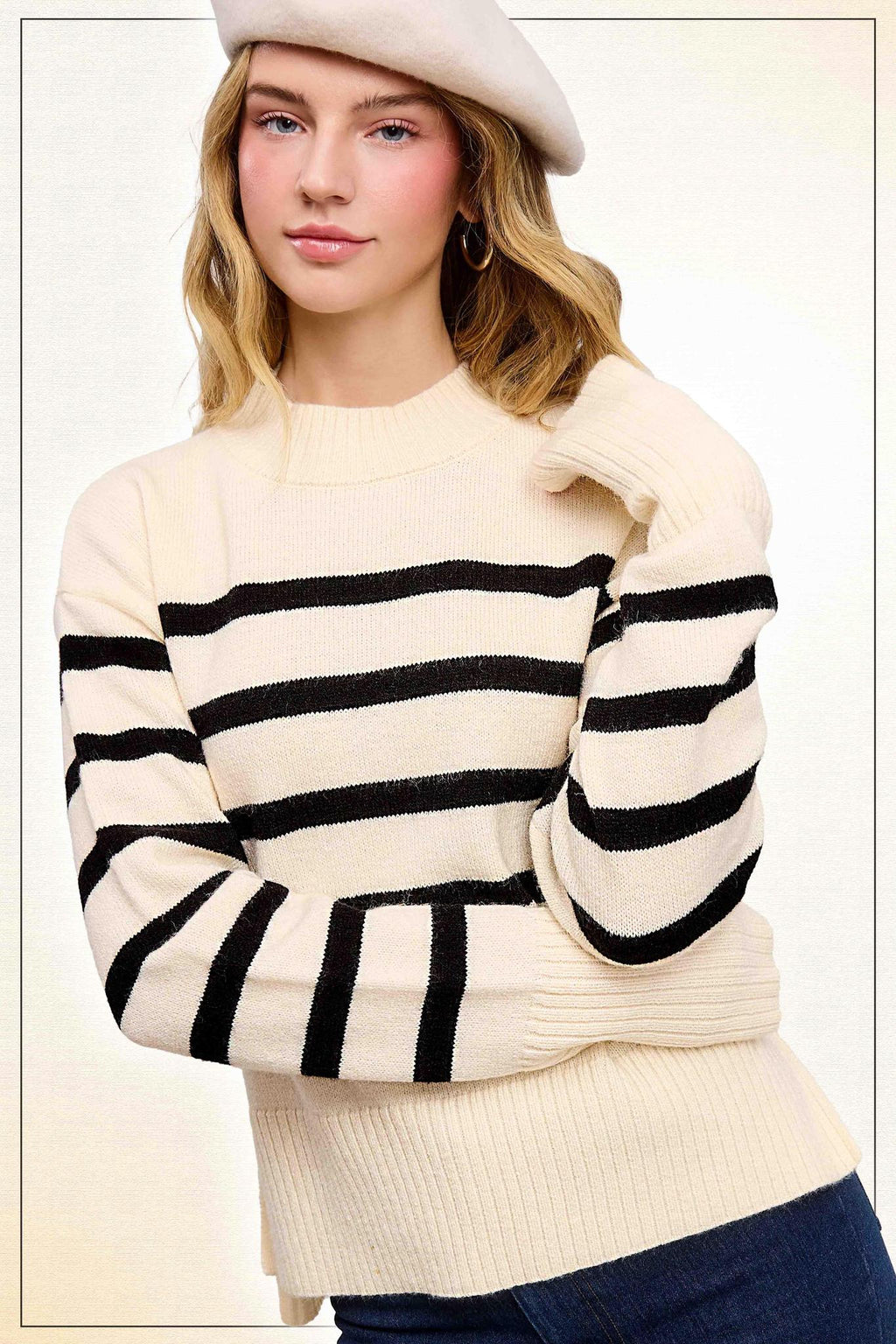 Super Soft Striped Mock Neck Loose Fit Sweater
