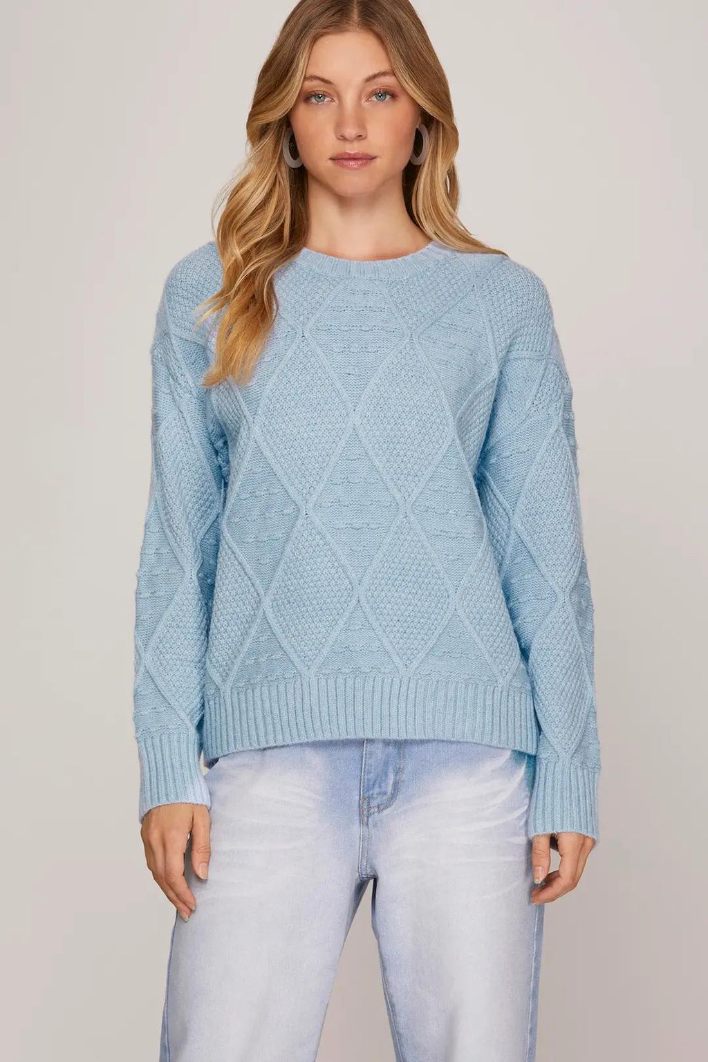 Long Sleeve Diamond Patterned Sweater with Bobble Detail