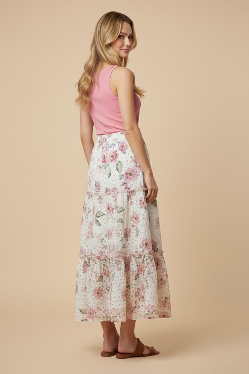 Womens Floral Printed Crochet Eyelet Skirt