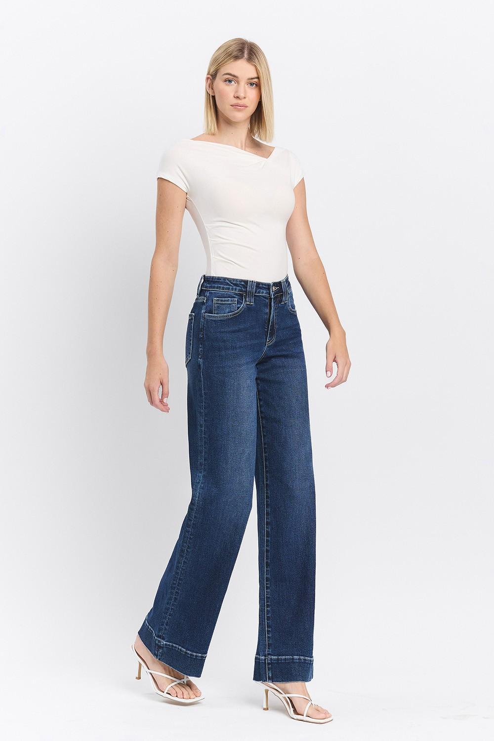High Rise Dark Wash Trouser Hem Wide Jeans