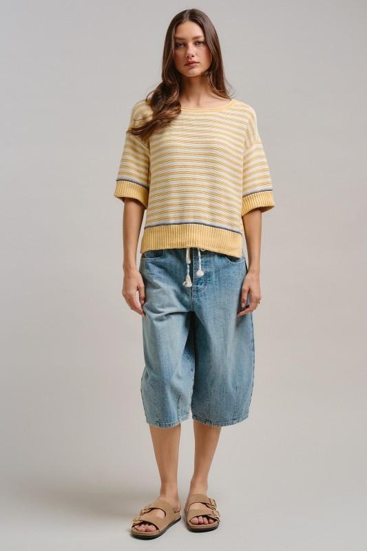 Stripe Raw Edge Detail Contrast Trim Sweater