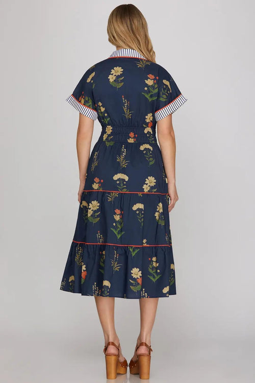 Drop Shoulder Contrast Cuff Sleeve Collared Woven Print Tiered Midi Dress With Pockets