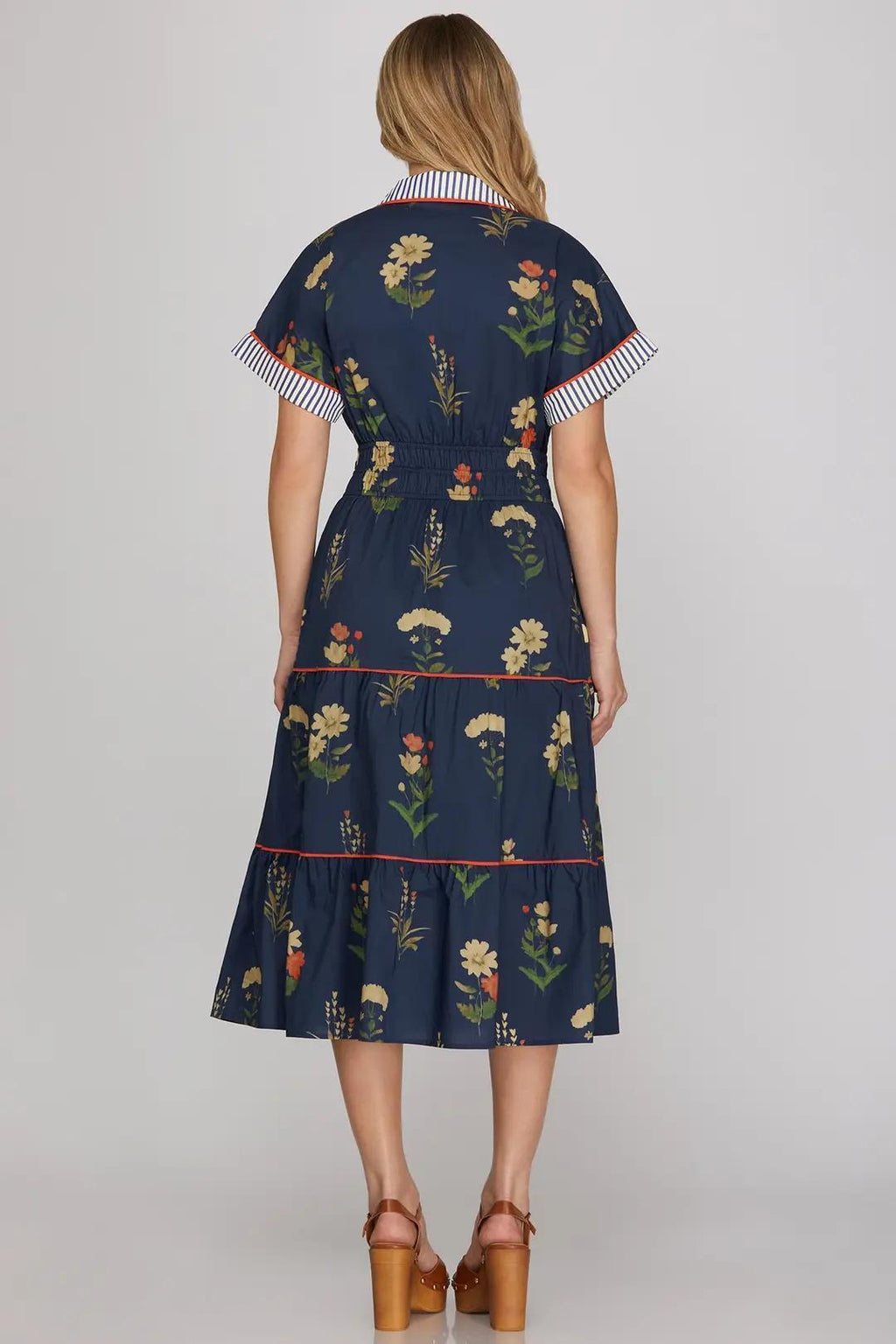 Drop Shoulder Contrast Cuff Sleeve Collared Woven Print Tiered Midi Dress With Pockets