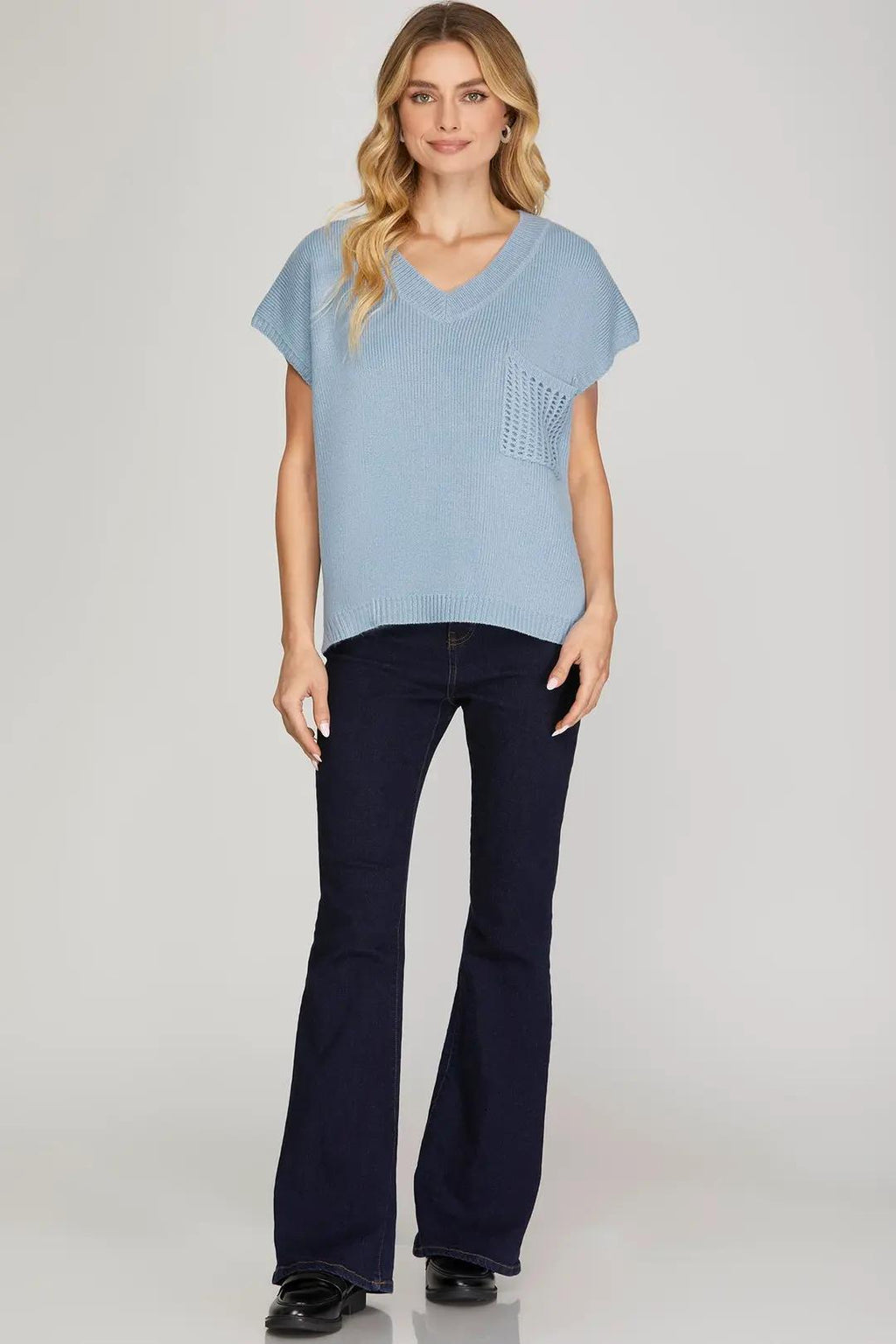 Drop Shoulder V Neck Sweater Top With Front Pocket