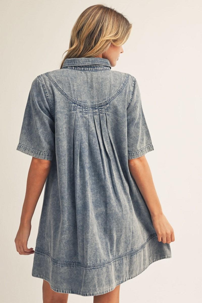 Back Pleat Detail Washed Denim Casual Dress