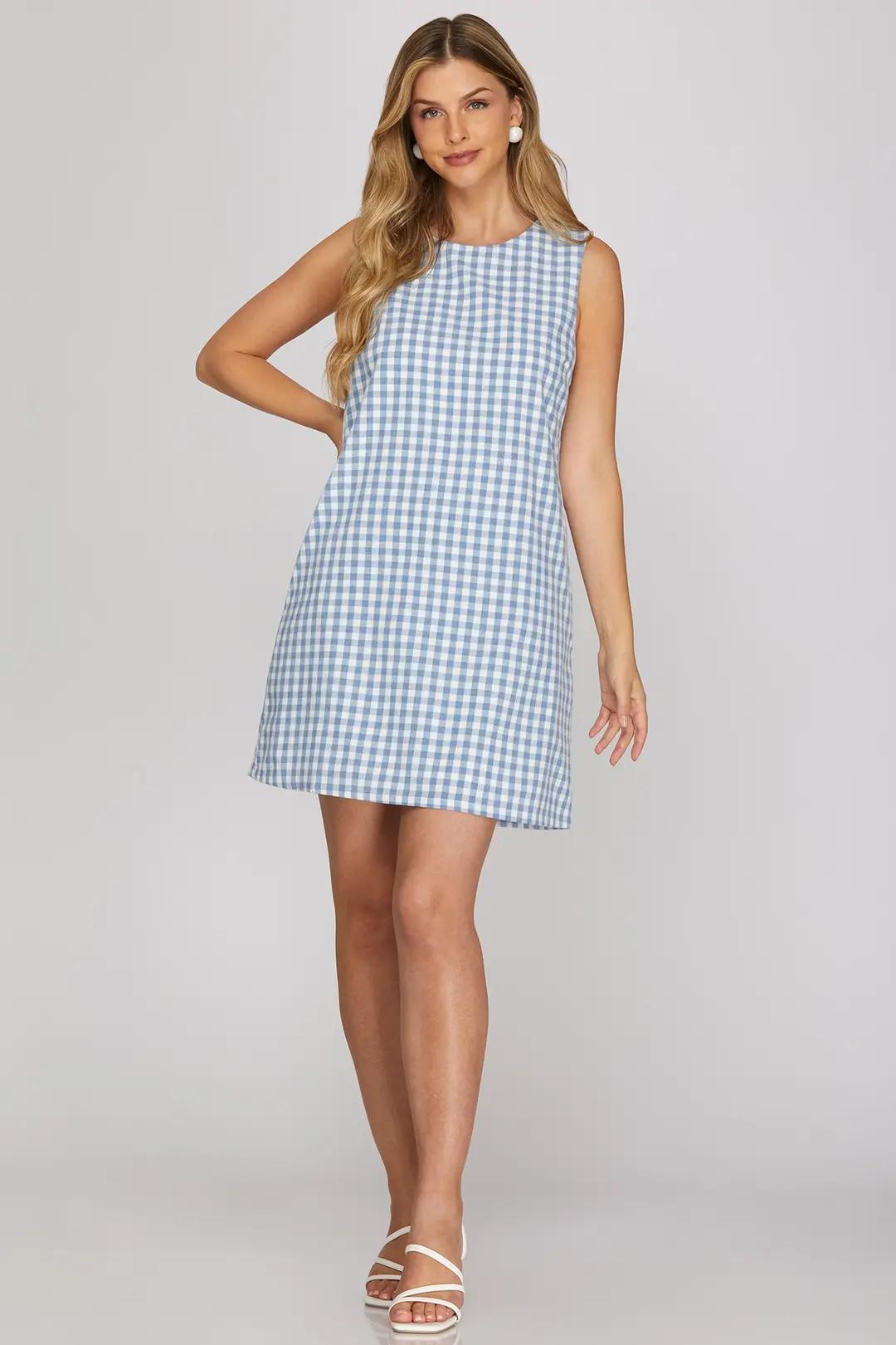 Sleeveless Round Neck Woven Gingham Checked Mini Dress with Pockets