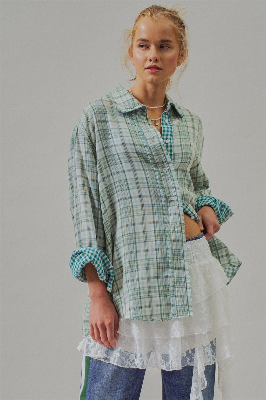 Oversized Plaid Cotton Button-Down Shirt