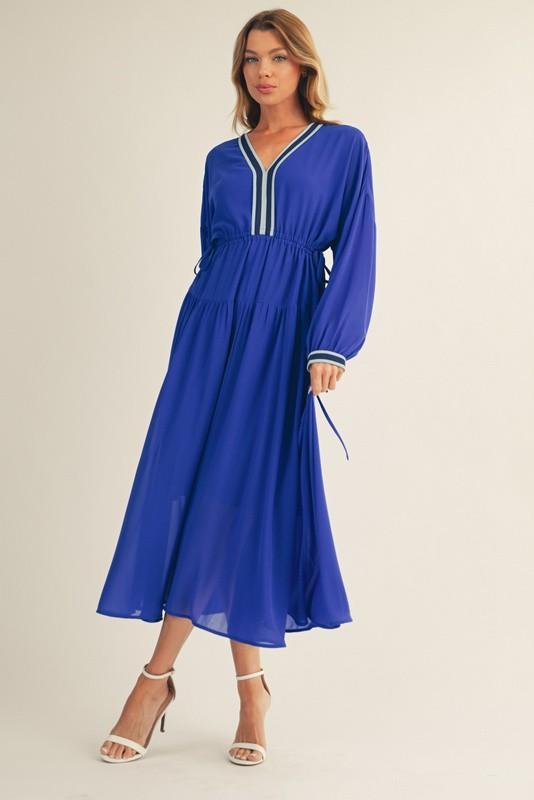 Drawstring Waist Solid Chiffon Flare Midi Dress