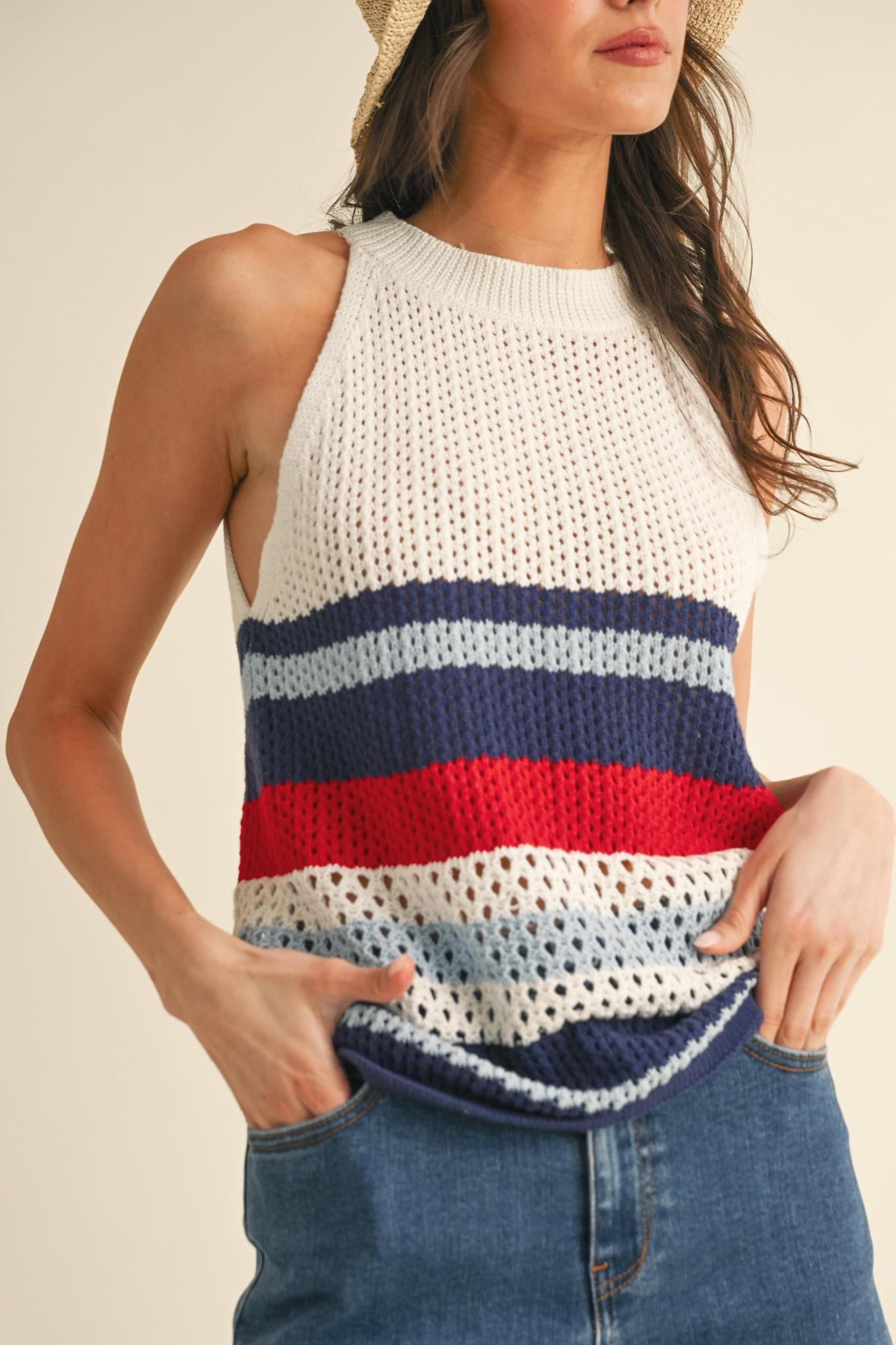 4th Of July Multi Stripe Open Stitch Halter Sweater Top