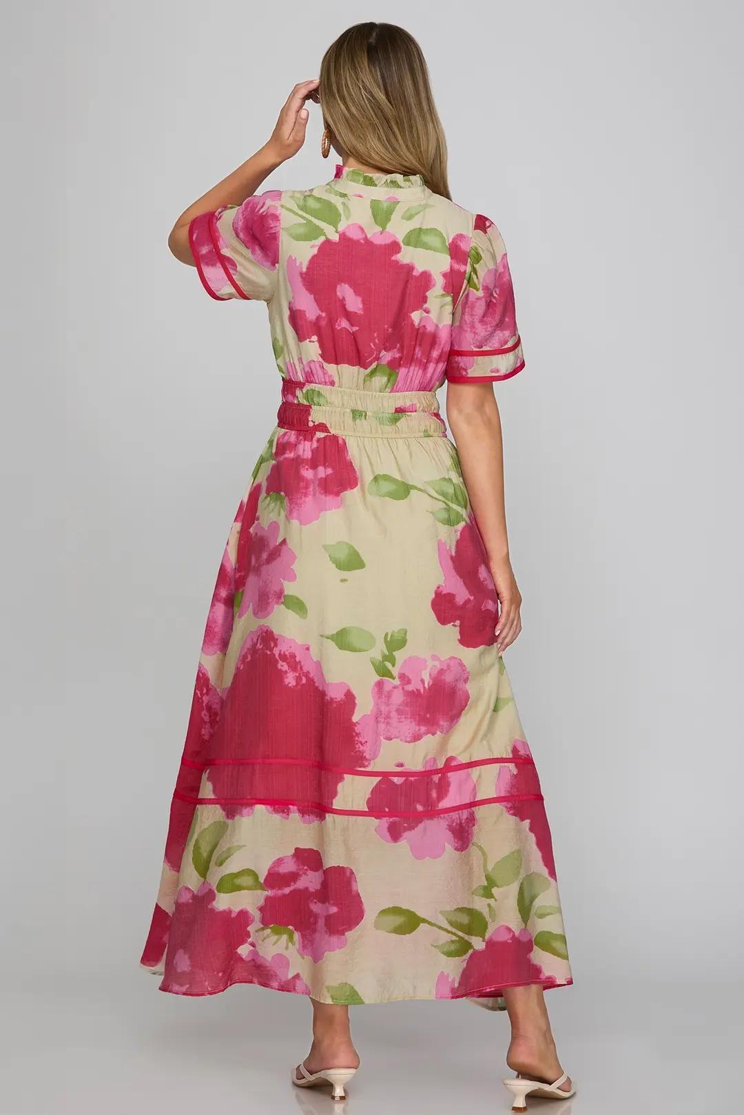 Half Sleeve Woven Print V Neck Maxi Dress with Elastic Waistband, Contrast Detail, and Pockets.