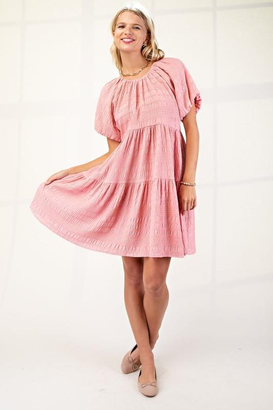 Textured Loose Fit Dress with Bow Tie Back