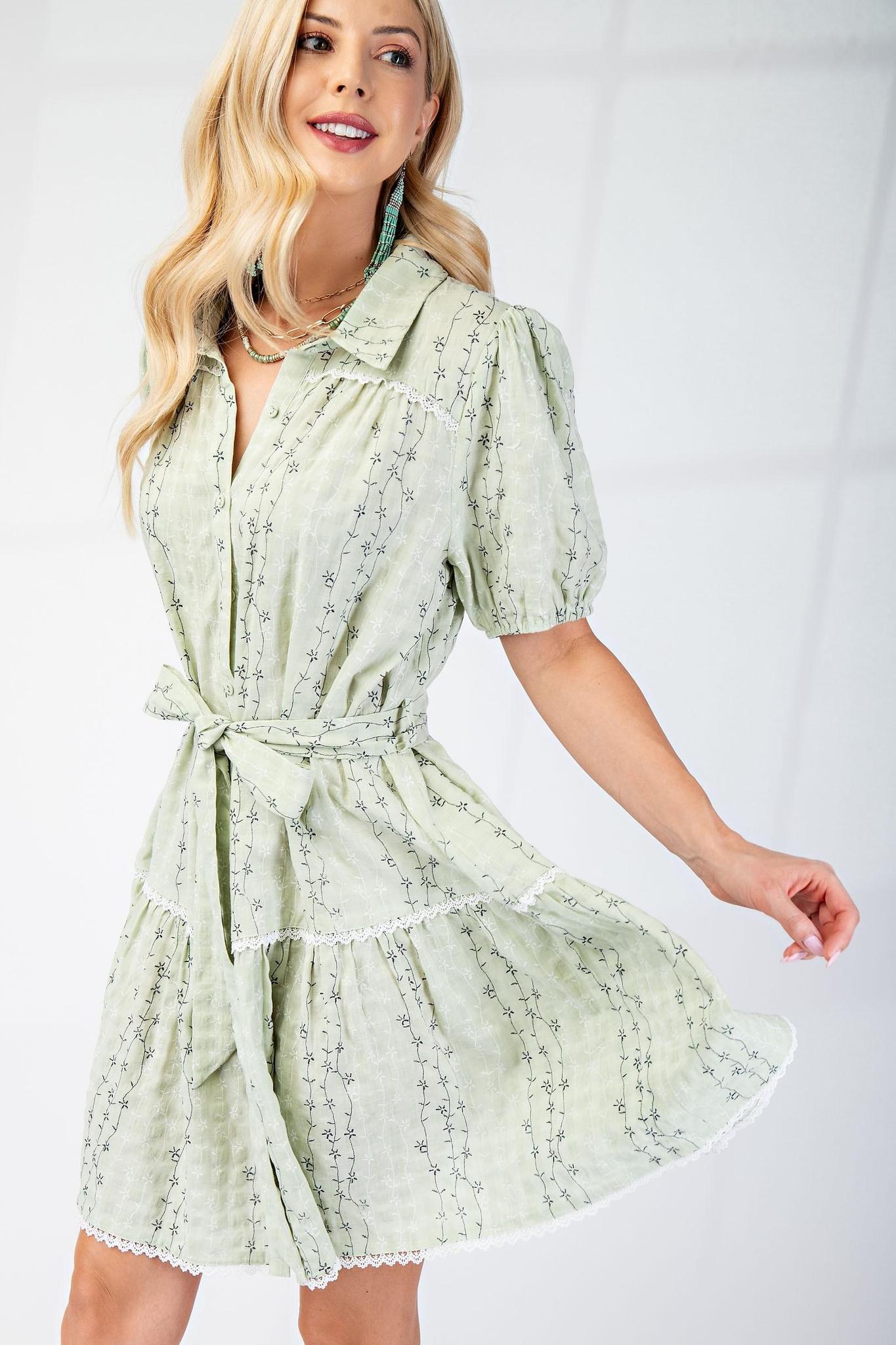 Embroidered Shirt Dress with Lace Trim Detail and Belt Tie