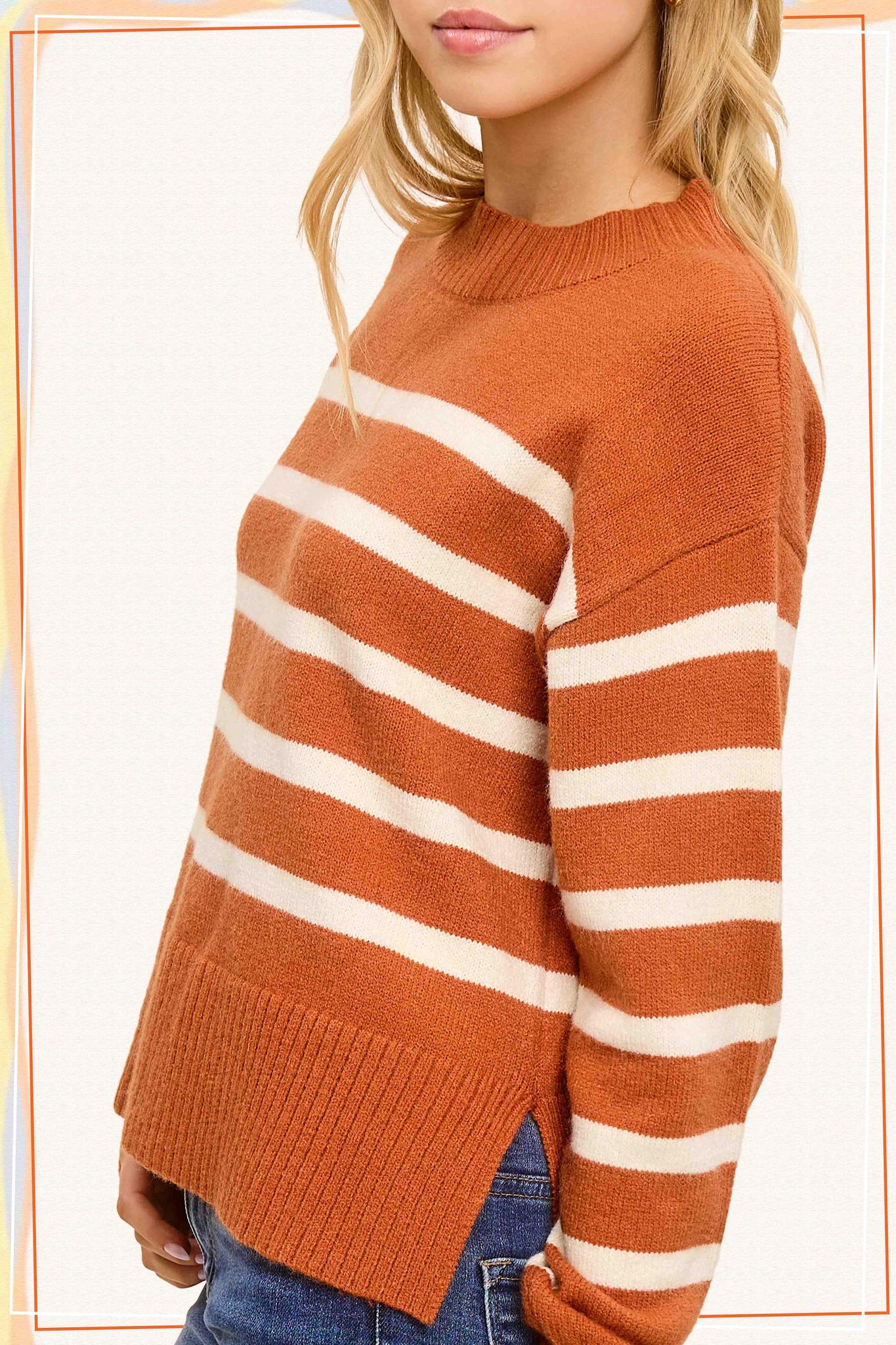 Super Soft Striped Mock Neck Loose Fit Sweater