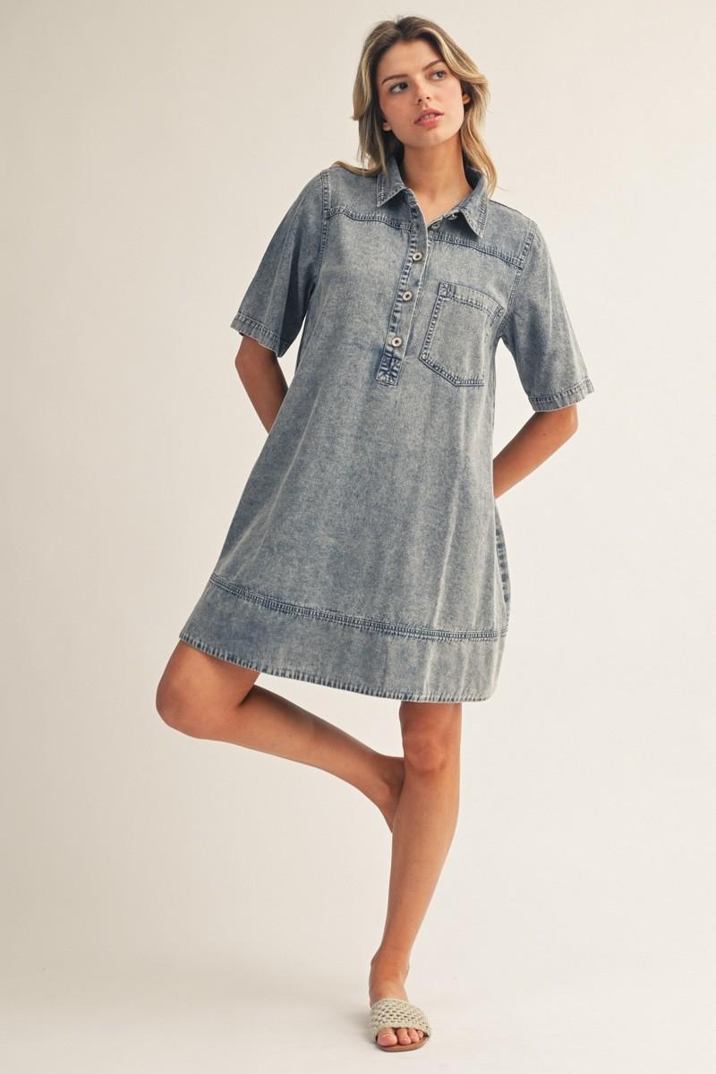 Back Pleat Detail Washed Denim Casual Dress