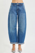 Slouchy Cropped Barrel Jeans with Cuffed Hem