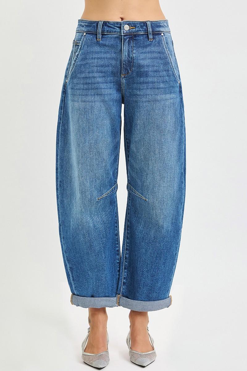 Slouchy Cropped Barrel Jeans with Cuffed Hem