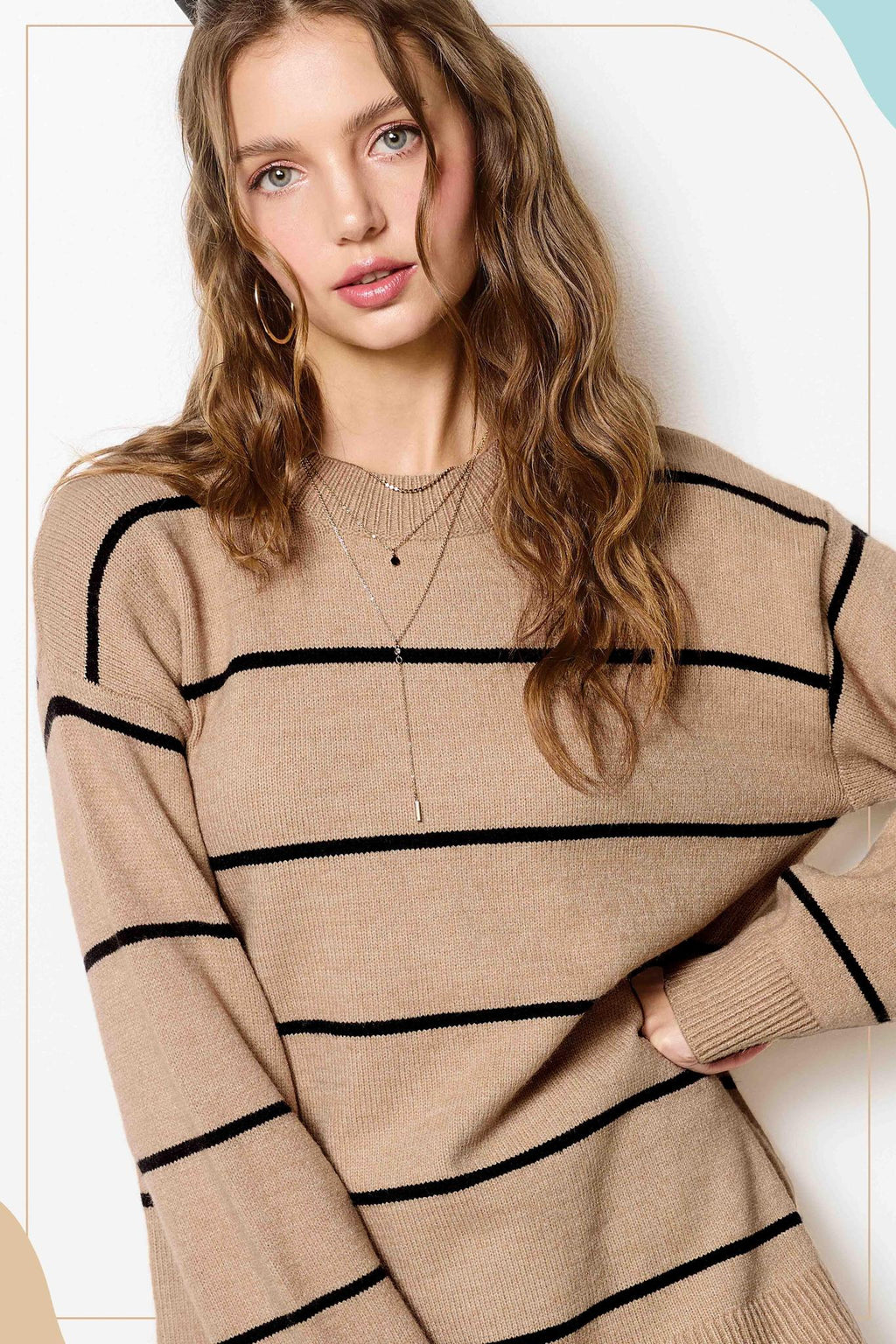 Loose Fit Striped Crew Mock Neck Sweater Top