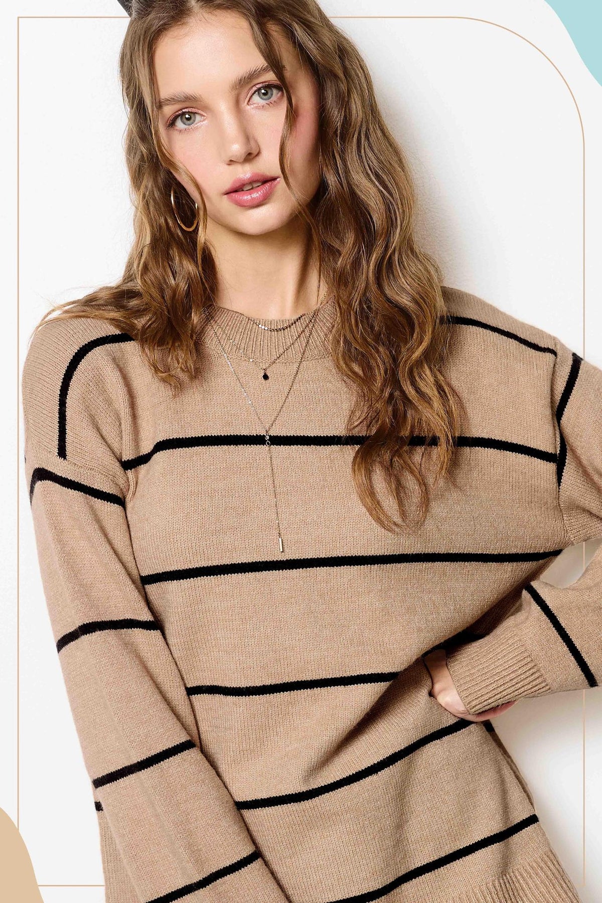 Loose Fit Striped Crew Mock Neck Sweater Top
