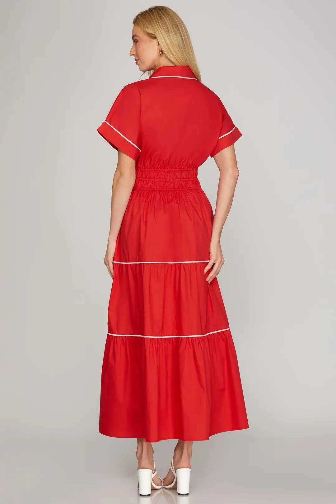 Drop Shoulder Half Sleeve Collared Top Woven Maxi Tiered Dress with Elastic Waistband, Contrast Piping, and Pockets